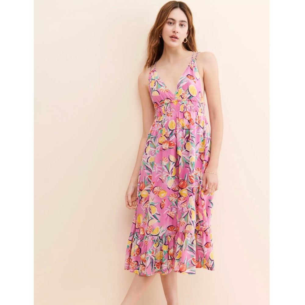 Scotch & Soda Strappy Fruit Midi Dress Sz 8 Pink Citrus Print Ruffle Boho Resort